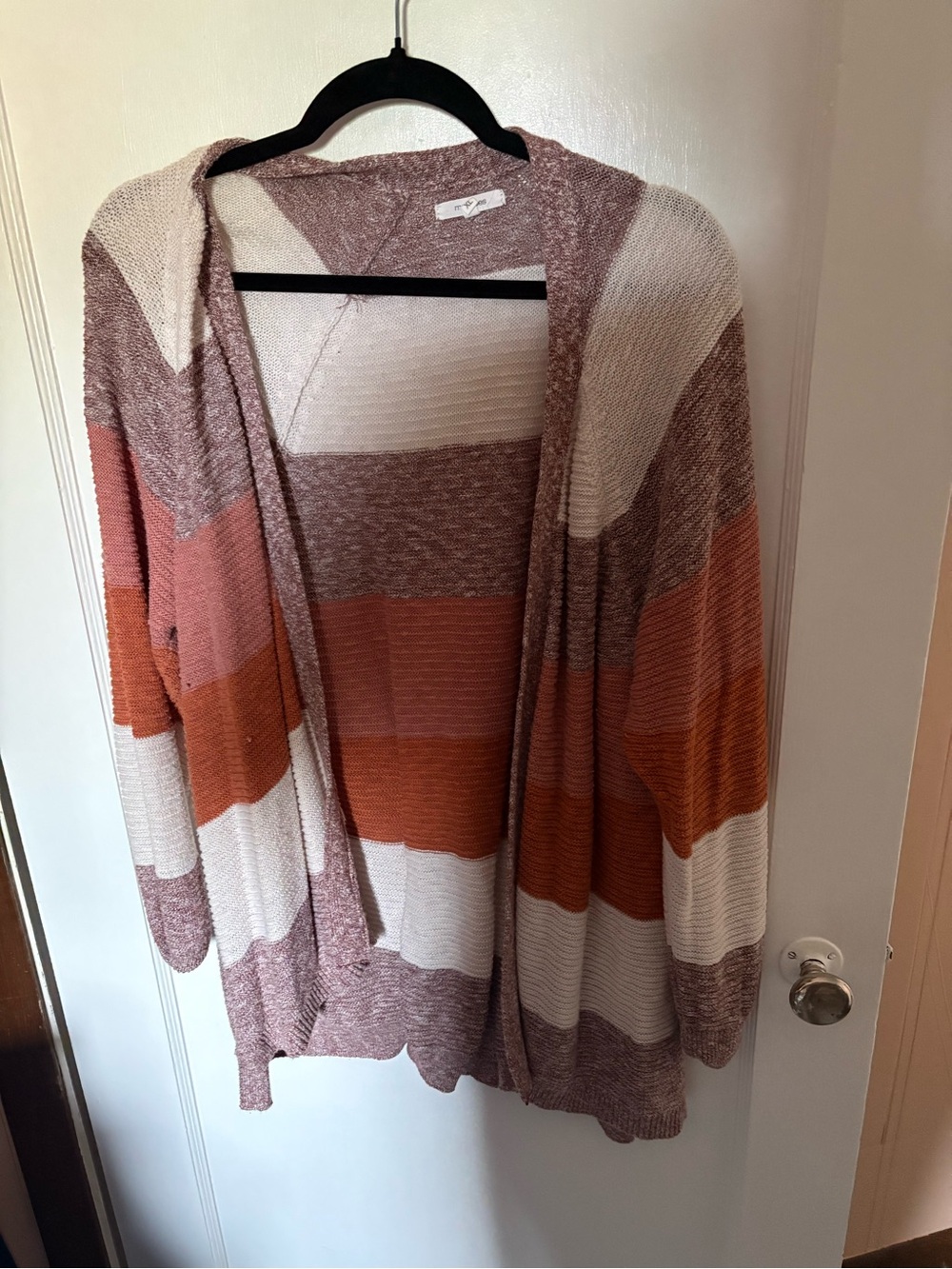 Maurices Striped Open-Front Hooded Cardigan - Rust, Cream, Mauve
